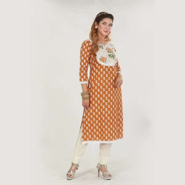 Golden Orange with white print laise Kurti